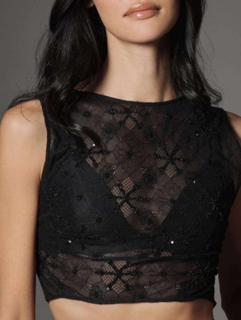 Anthropologie Black Beaded Lace Cropped Tank